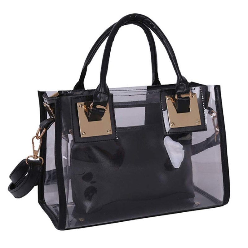 Rullar 2Pcs Clear Handbag Purse PVC Tote Shoulder Top-handle Bag Women Small Transparent Satchel Black - Image 1